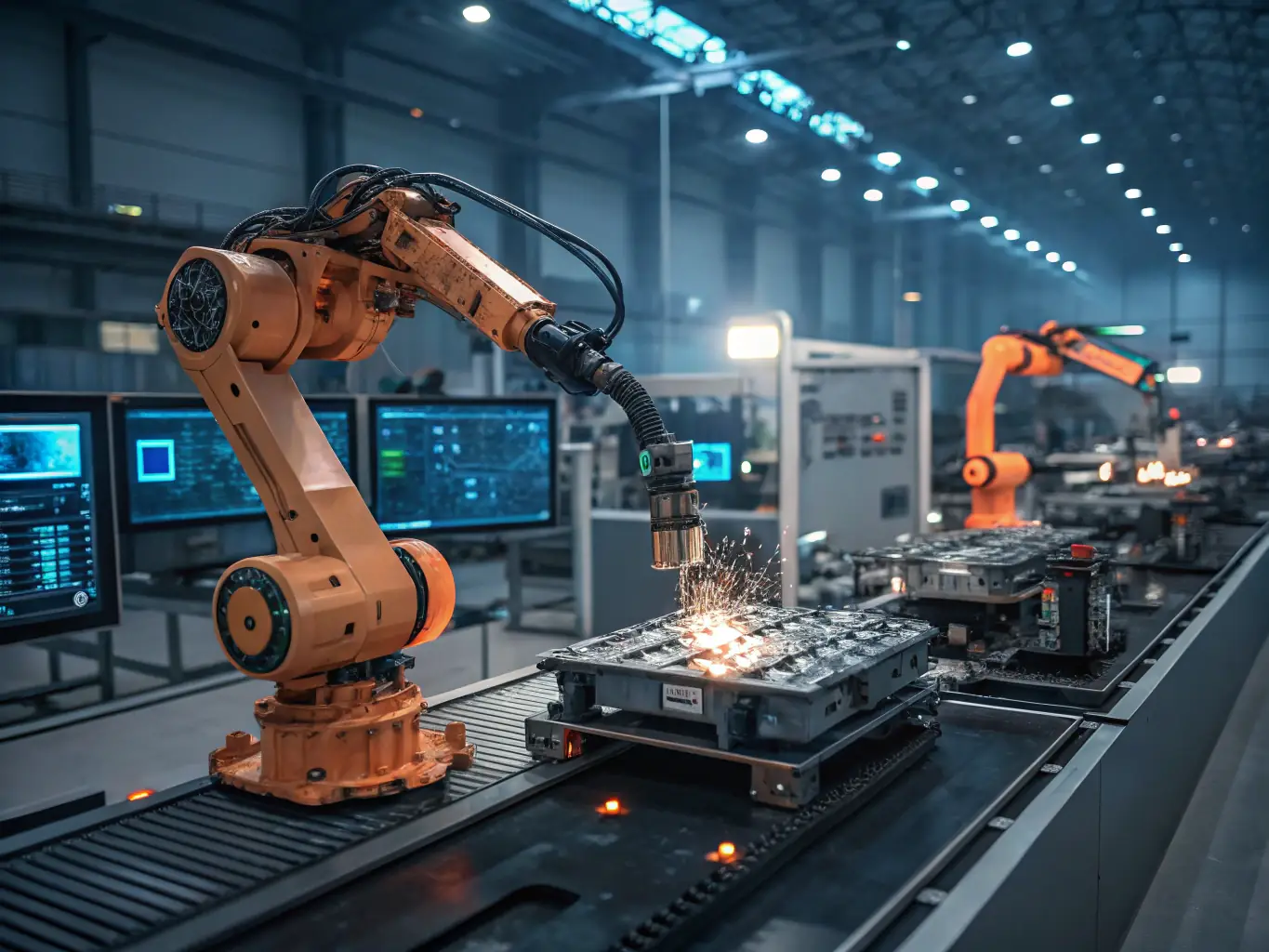 An image depicting intelligent automation, featuring robotic arms working alongside human employees in a modern office environment.