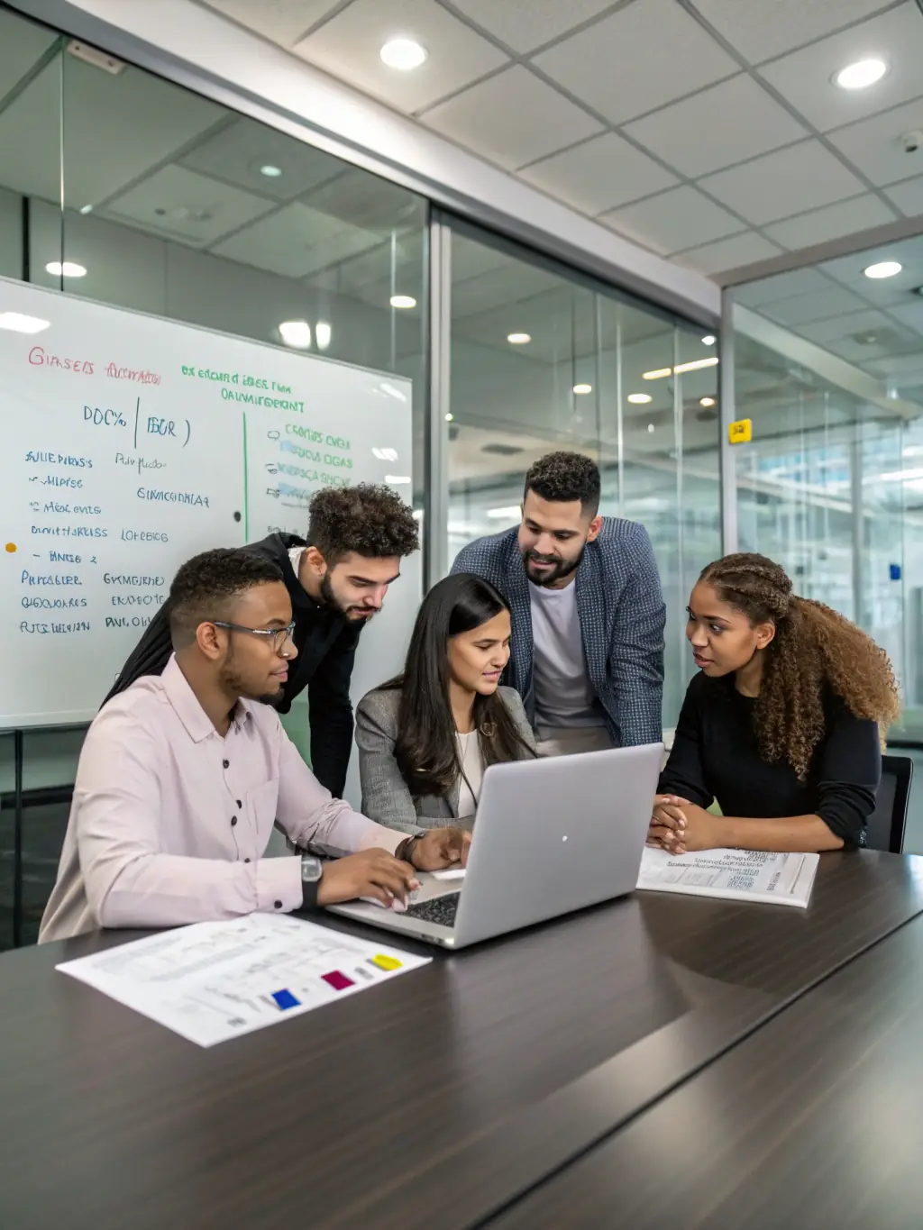 A diverse team of IT consultants brainstorming and strategizing in a modern, collaborative workspace, emphasizing the human element of Visionary Consultant Group's services.