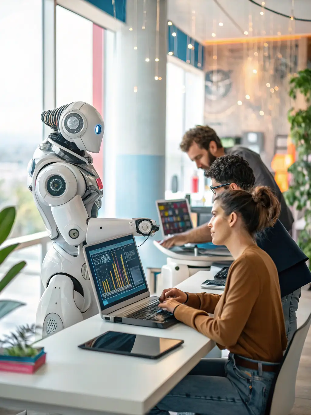 An illustration of robotic process automation (RPA) bots working alongside human operators in an office environment, showcasing Intelligent Automation Solutions.