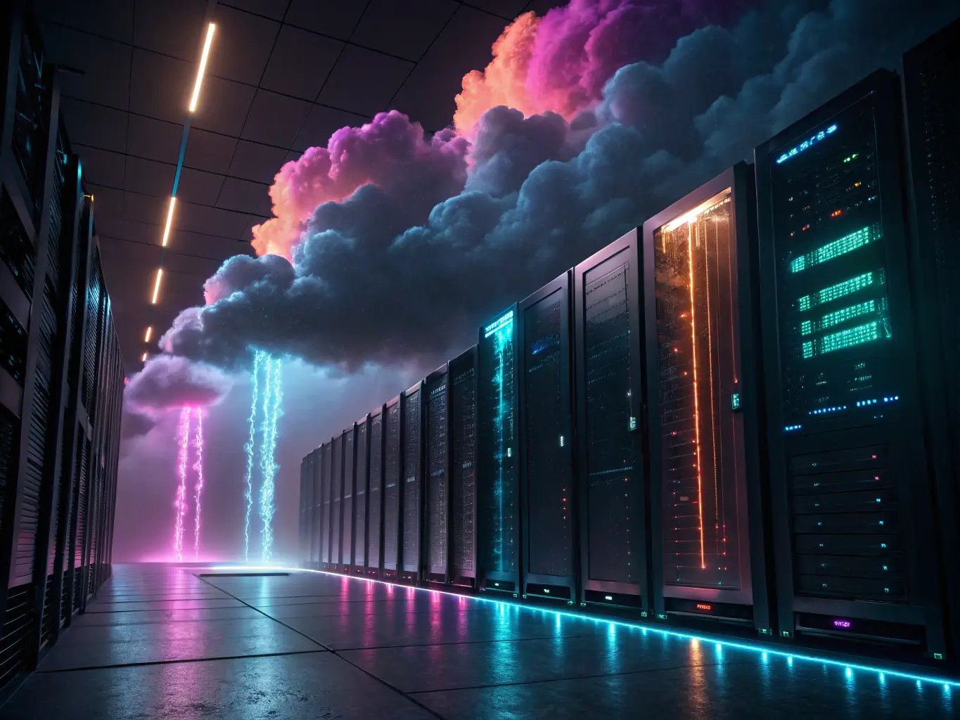 A futuristic image showcasing next-generation technology architecture, with interconnected servers and data streams representing scalability and innovation.